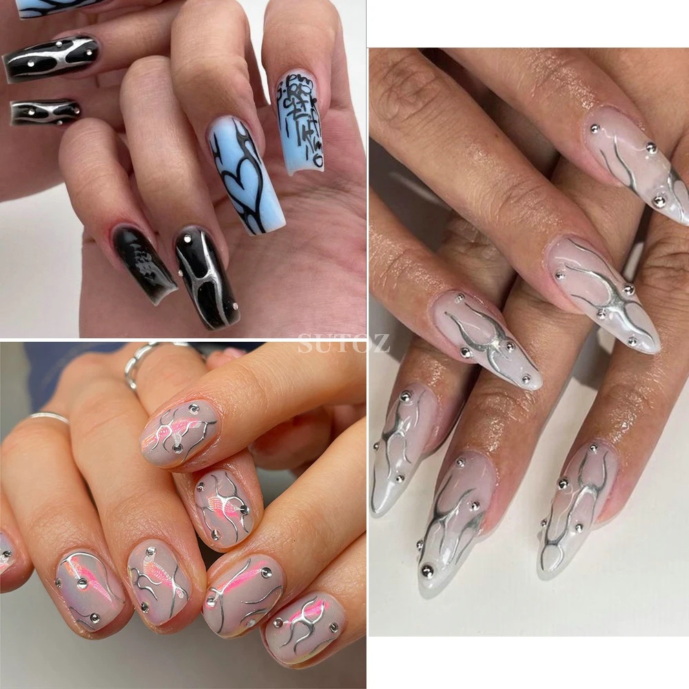 [Unggulan] 1pc 3D Self-Adhesive Silver Lines Nail Decals Laser Geometri Api Stiker Kuku Gothic Manicure Decor DIY Nail Art Alat Kuku Untuk Wanita