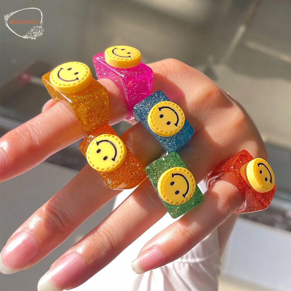 Mxbeauty Cincin Transparan Wanita Gadis Hadiah Glitter Smiley Face Shine Kartun Kristal Aksesoris Fashion