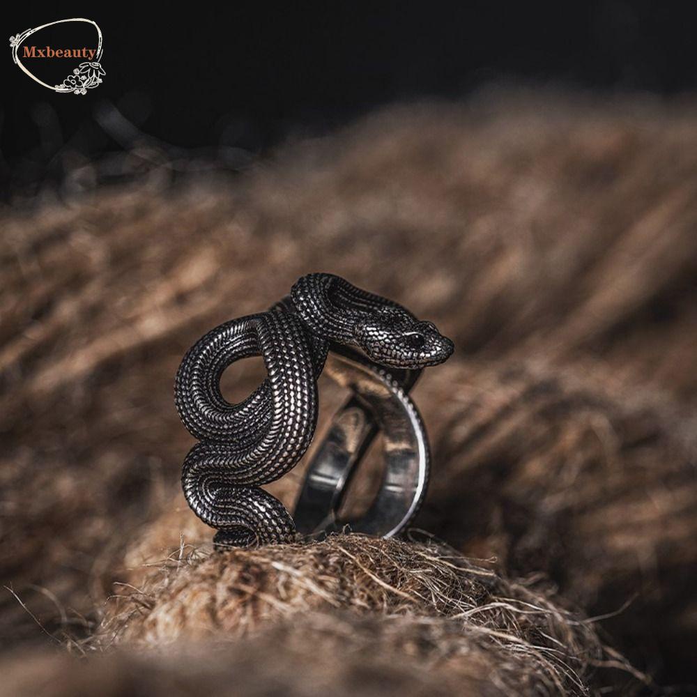 Mxbeauty Cincin Ular Perak Pesta Aksesoris Pria Kepribadian Hewan Hitam Handmade Hip Hop Perhiasan