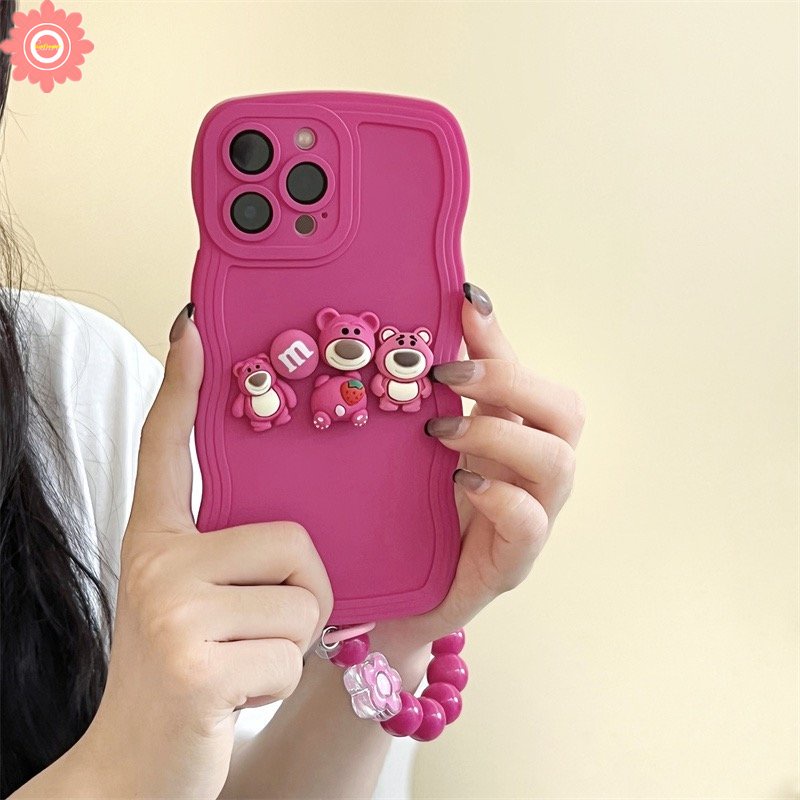 IPHONE 3d Boneka Kartun Strawberry Bear Bow Rose Red Case Kompatibel Untuk Iphone11Xr 7Plus 14 12 13 Pro Max7 8 14 Plus X XS MAX Mewah Shockproof Wavy Edge Back Cover