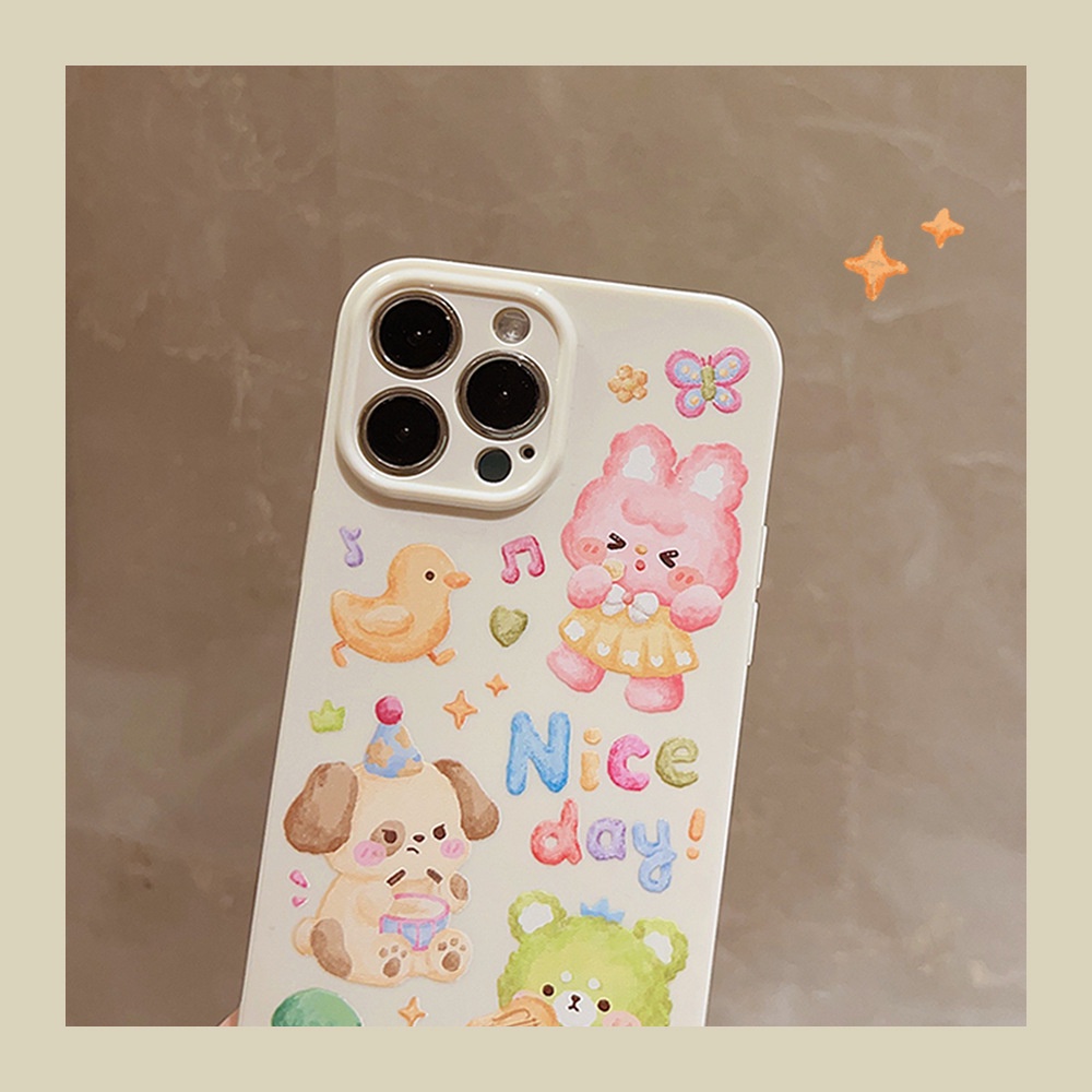 IPHONE Lucu Kartun Hewan Pesta Musik Vintage Putih Perlindungan Penuh Casing Ponsel Cover Untuk Iphone11 12 13 14 PLUS PRO MAX SE 2020