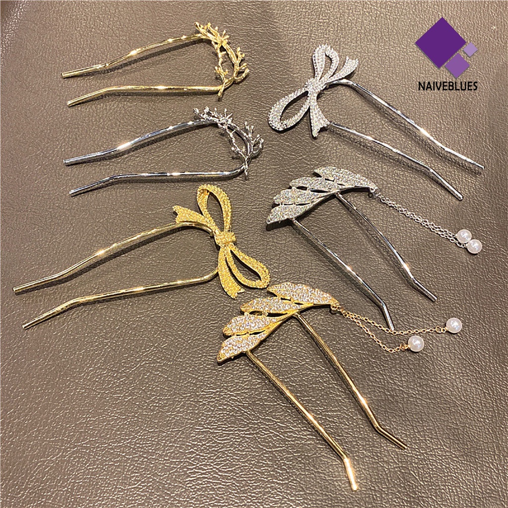 &lt; Naiveblues &gt; U-shaped Tassel Mutiara Imitasi Rambut Garpu Hadiah Elegan Ikatan Simpul Berlian Imitasi Tongkat Aksesoris Rambut