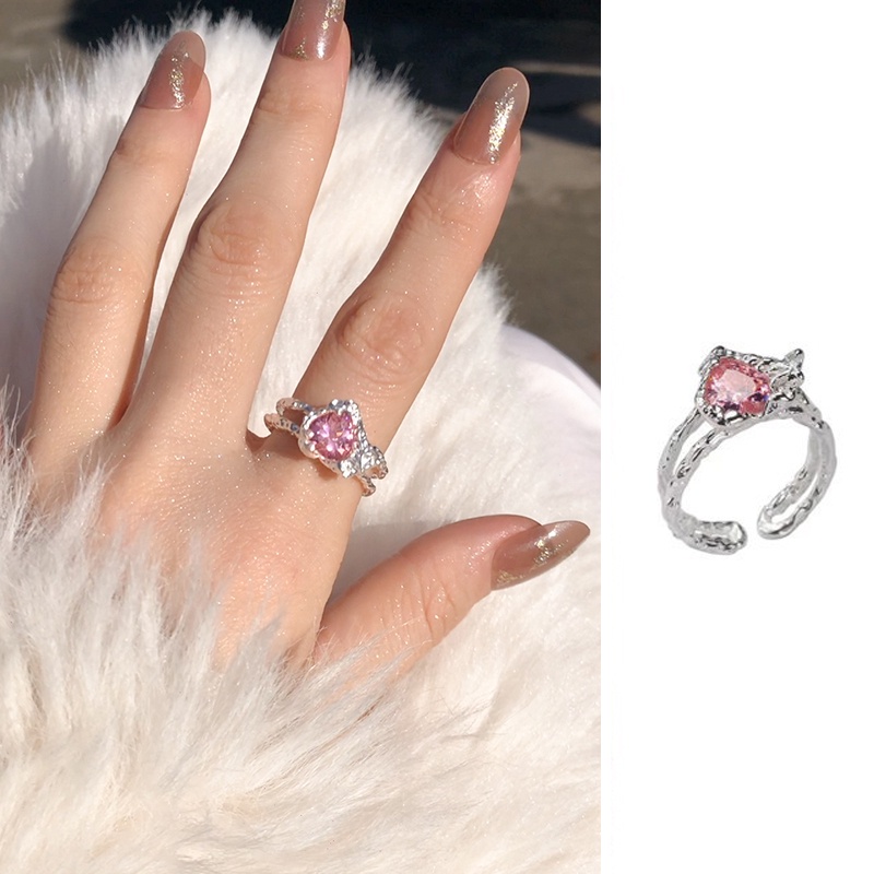 Roselife Korea S925 Perak Manis Merah Muda Kristal Jantung Cincin Untuk Wanita Gadis Berlian Imitasi Cincin Pertunangan Pesta Pernikahan Jari Perhiasan Hadiah Untuk Her