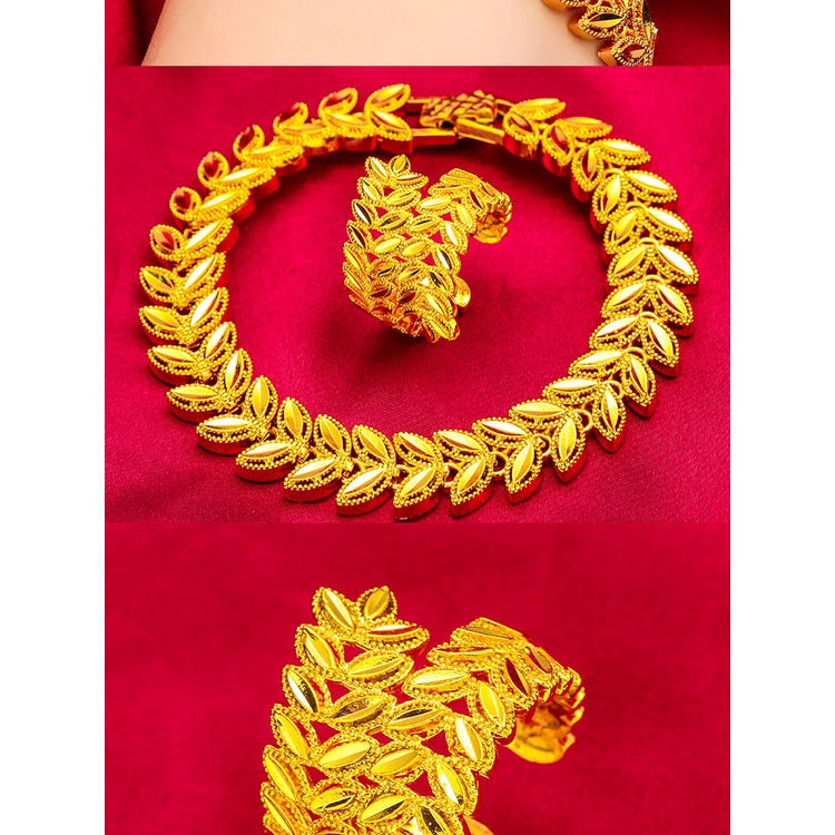 Goldkingdom Perhiasan Fashion 24K Bangkok Aksesoris Ready Stock Tepi Lebar Menebal Gelang Tebal Wanita Cincin 12 mm Gelang Set