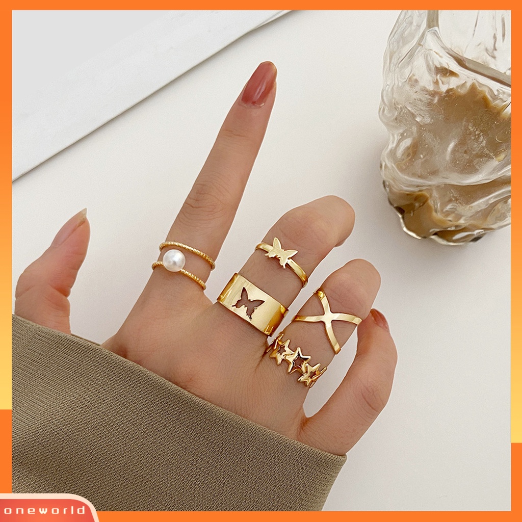 [EONE] 5pcs Cincin Jari Berongga Keluar Bintang Kupu-Kupu Perhiasan Vintage Stackable Rings Untuk Pakaian Sehari-Hari
