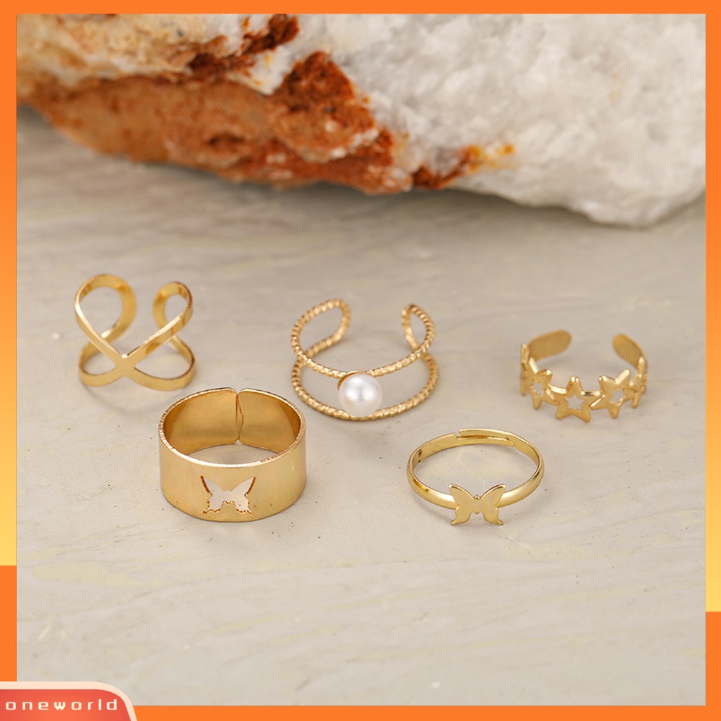 [EONE] 5pcs Cincin Jari Berongga Keluar Bintang Kupu-Kupu Perhiasan Vintage Stackable Rings Untuk Pakaian Sehari-Hari