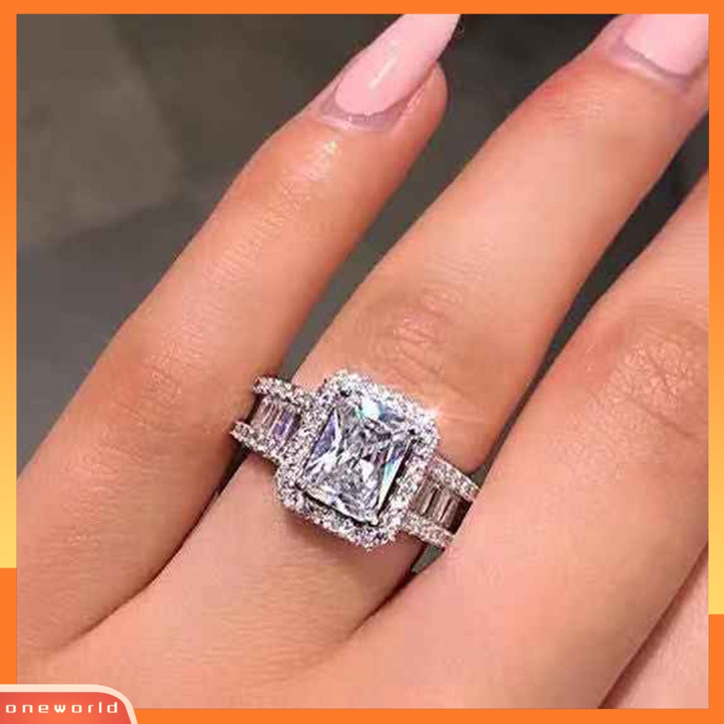 [EONE] Pernikahan Band Bersinar Persegi Berlian Imitasi Hypoallergenic Geometris Gaya Barat Hias Aksesori Bertatahkan Zirkon Lebar Band Cincin Wanita Perhiasan