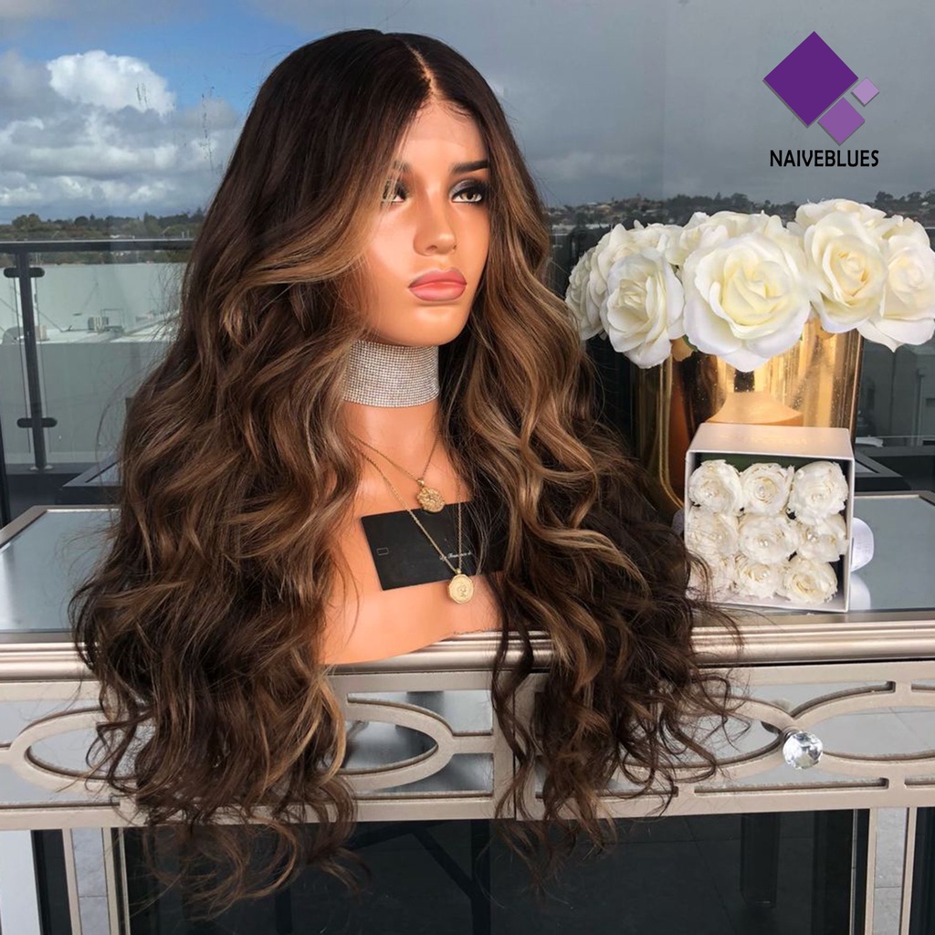 &lt; Naiveblues &gt; Wig Rambut Keriting Gelombang Wanita Brown Rose Party Banquet Tutup Kepala