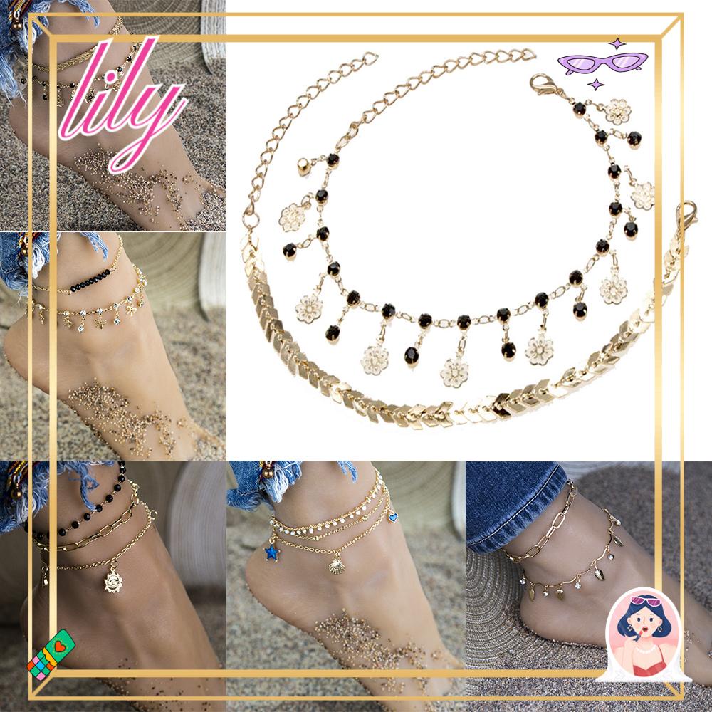 Lily 2/3Pcs Set Gelang Kaki Fashion Matahari Perempuan Bulan Bintang Hitam Berlian Imitasi Bohemian