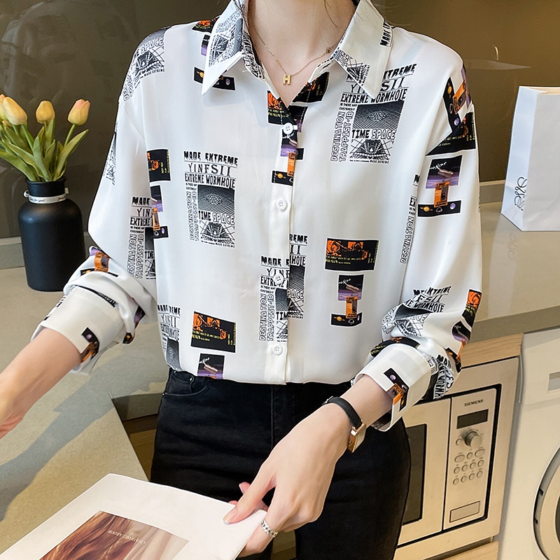 Fashion Korean White Letter Print Casual Work Long Sleeve Women Shirt Kemeja Wanita Lengan Panjang