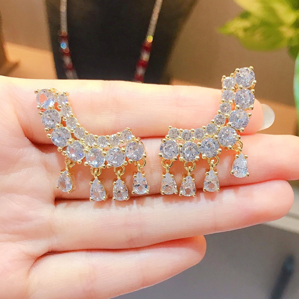 Goldkingdom Fashion Perhiasan Aksesoris Ready Stock Rumbai Zirkon Ins Anting Minimalis Wanita Perak Murni Anting Minimalis