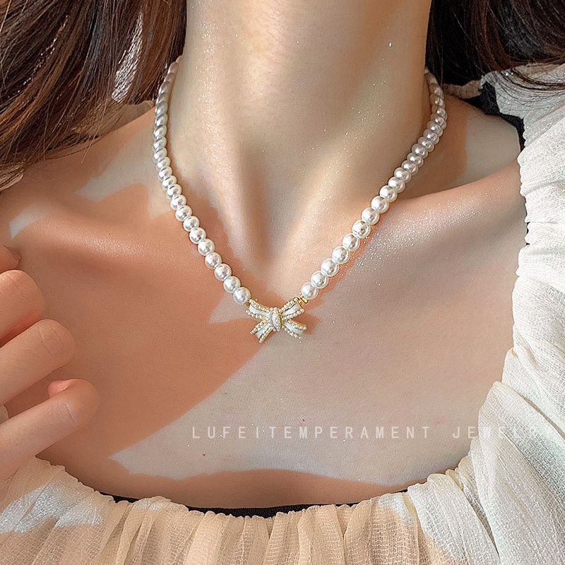 Yeezii Sweet Bow Kalung Untuk Wanita Mutiara Beads Choker Fashion Perhiasan Aksesoris