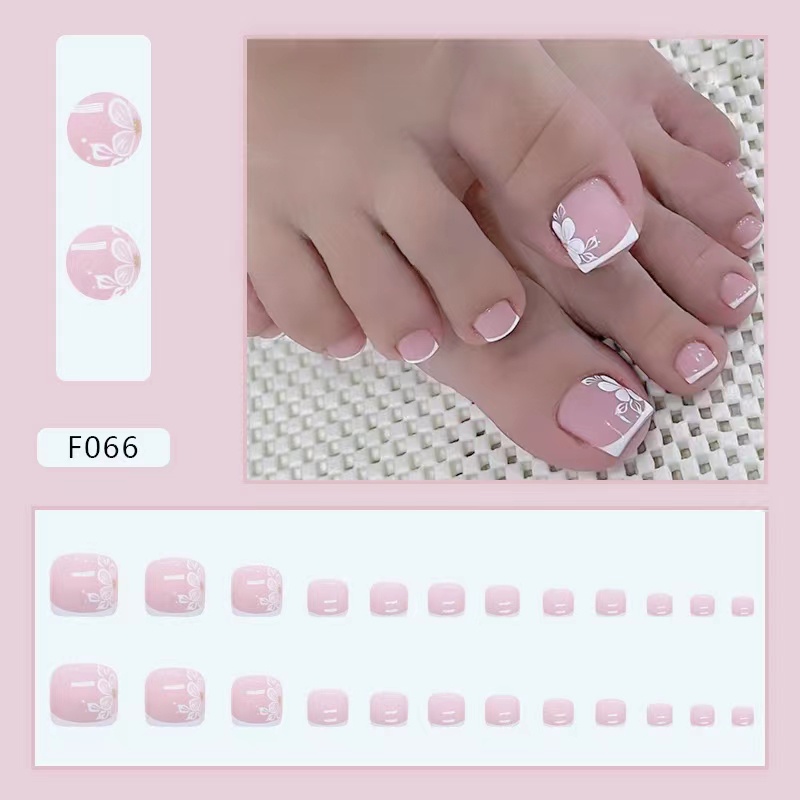 Bunga Putih Pink Gaya Perancis Kuku Palsu Kaki Kuku Palsu F066