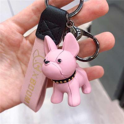 6warna Solid 3D Lucu Bulldogs Dengan Kerah Kulit Imitasi Anti-lost Tali Mobil Rumah Gantungan Kunci Tas Telepon Case Bluetooth Earphone Cover Charms Liontin Hadiah Untuk Pria Wanita