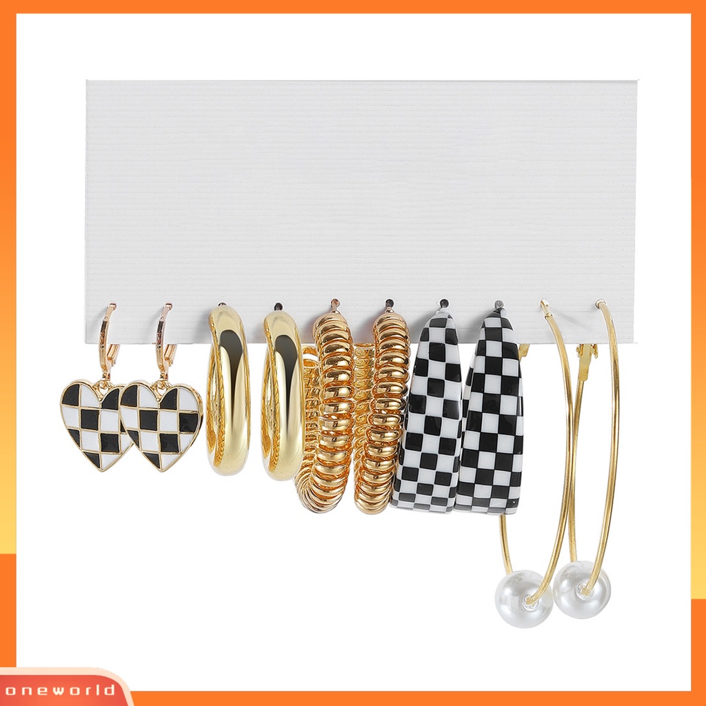 [EONE] 5pasang Drop Anting Geometris Hitam Putih Kotak-Kotak Kupu-Kupu Mutiara Imitasi Cinta Hati Wanita Hoop Earrings Fashion Perhiasan
