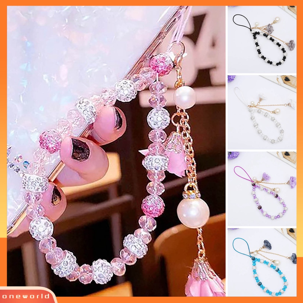 [EONE] Wanita Gelang Kristal Imitasi Manik-Manik Bunga Liontin Mutiara Imitasi Pendek Hias Portable Lady Gelang Ponsel Tali Lanyard Aksesori Busana
