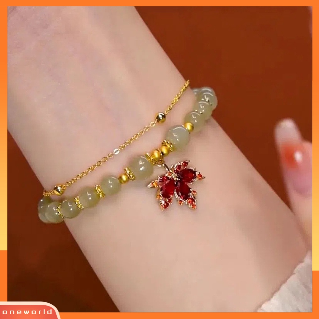 [EONE] Adjustable Dipanjangkan Rantai Double Layer Wanita Gelang Manik-Manik Permata Imitasi Maple Liontin Mewah Gelang Perhiasan Aksesoris