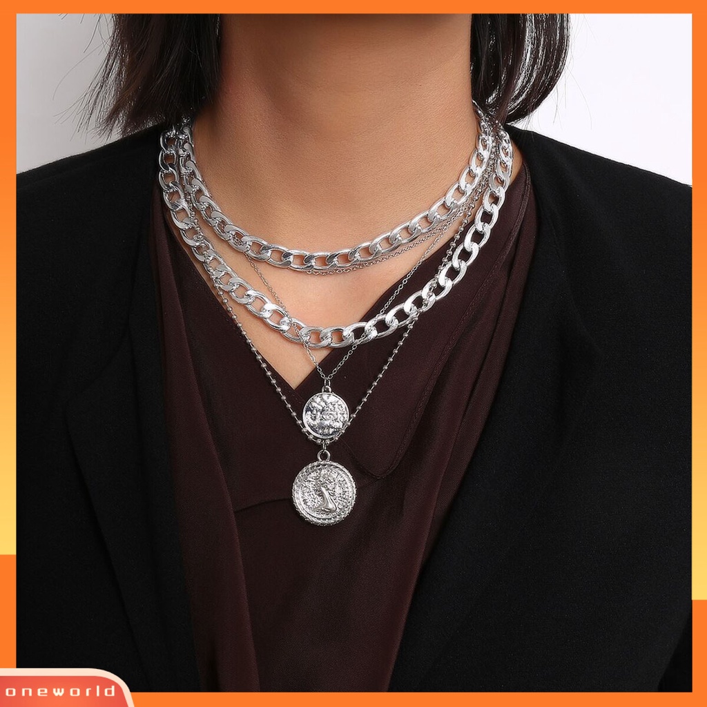 [EONE] Wanita Kalung Multilayer Liontin Perhiasan Electroplating Cuban Chain Necklace Untuk Club