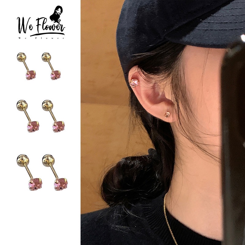 Kami Bunga Klasik 14 K Emas Glittery Pink Zirkon Anting Sekrup Untuk Wanita Perempuan Elegan Tindik Bola Kecil Kristal Anting-Anting Fashion Telinga Perhiasan Hadiah