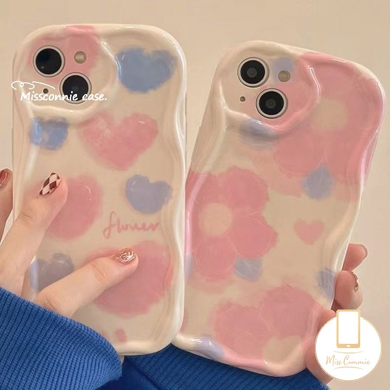 IPHONE Ins Tinta Cinta Hati Bunga Shockproof Case Kompatibel Untuk Iphone14 13 11 12 Pro Max 7Plus XR 6s 6 7 8 Plus X XS Max SE 2020 3D Wavy Curved Edge Glossy Airbag Soft Cover