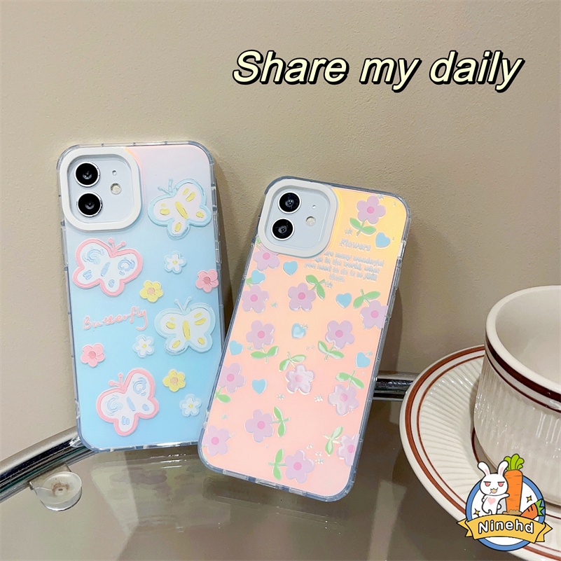 Gradient Laser Flowers Butterfly iPhone Case Kompatibel Untuk Iphone14 13 12 11 Pro Max X Xr Xs Max 8 7 6 Plus SE 2020 Bening Shockproof Silikon Ponsel Soft Case Cover Pelindung