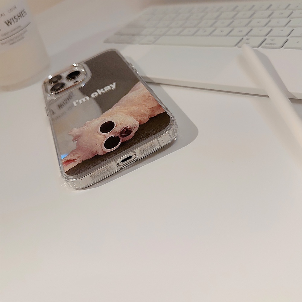 IPHONE I AM OKAY Lazy Laying Puppy Dog Dengan Kacamata Hitam Telepon Musim Panas Mirror Case Electroplated Camera Frame Cover Untuk Iphone11 12 13 14 PLUS PRO MAX