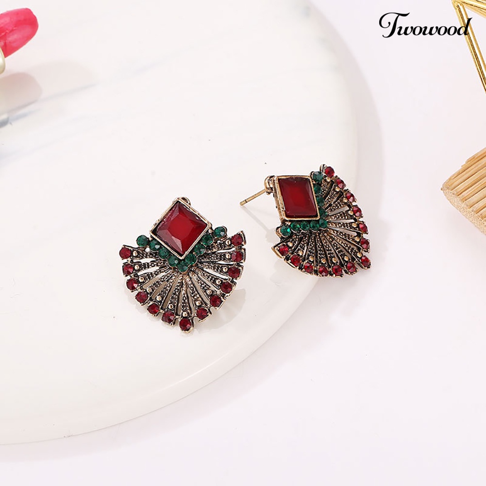 Twowood Wanita Vintage Gaya Etnik Berlian Imitasi Anting Berbentuk Kipas Bohemian Ear Stud Hadiah