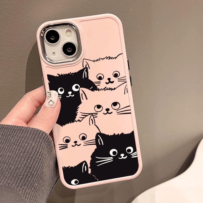 IPHONE Bingkai Cermin Tombol Logam Hitam Dan Putih Desain Kucing Lucu Casing Ponsel Kompatibel Dengan Iphone12 13 14 11 Pro Max X Xs Max Xr Ddzcx