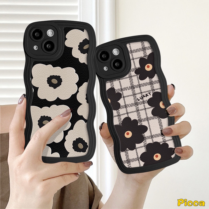 IPHONE Casing Tepi Bergelombang Motif Kotak-Kotak Kompatibel Untuk Iphone11 13 14 12 Pro Max 7Plus XR 7 14 8 6 6s Plus X XS Max SE 2020 Retro Bunga Hitam Lembut Tpu Penutup Belakang