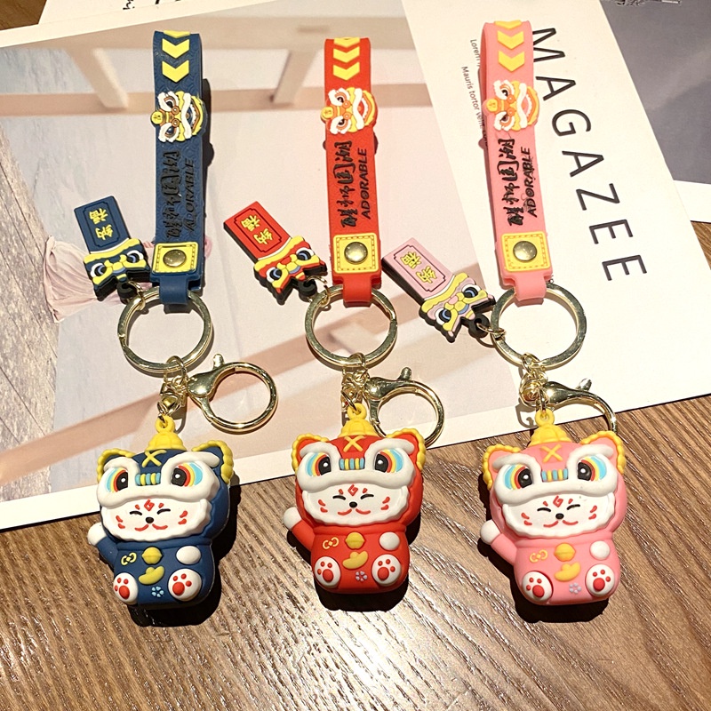 Cute 3D Chinese Style Dancing Lion Cat Anti-lost Strap Keychain for Car Home Keys Bag Backpack Bluetooth Earphone Case Cover Pendant Decoration