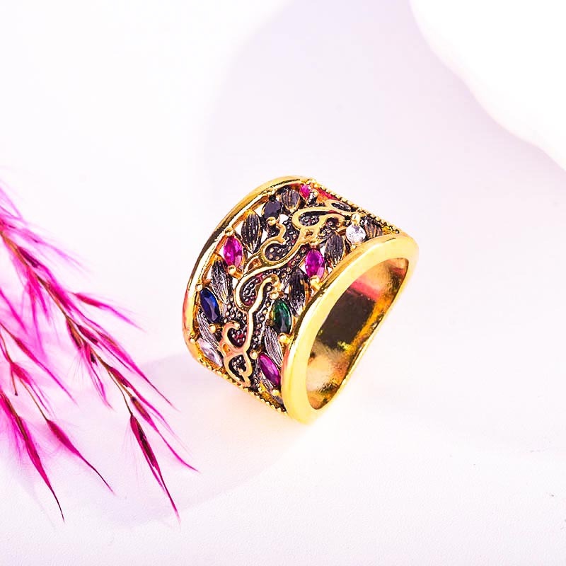 Goldkingdom Aksesoris Perhiasan Fashion Ready Stock Gaya Gothic Mewah Cincin Batu Permata Berwarna Cincin Pertunangan Emas Untuk Wanita