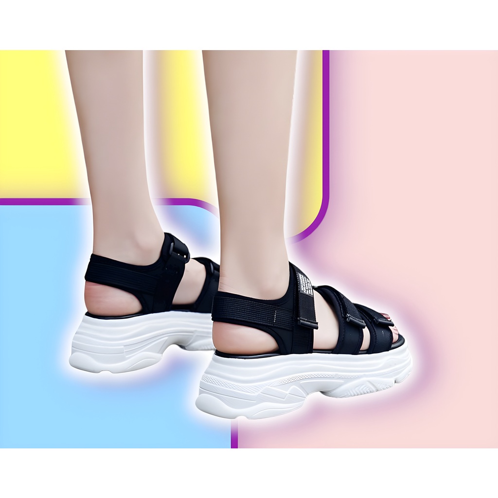 Sandal Wanita Slop Tali Gunung Korean Style Selop Tinggi Hitam Putih Polos Gaya Korea Sol Tebal - Cladiva FSH148