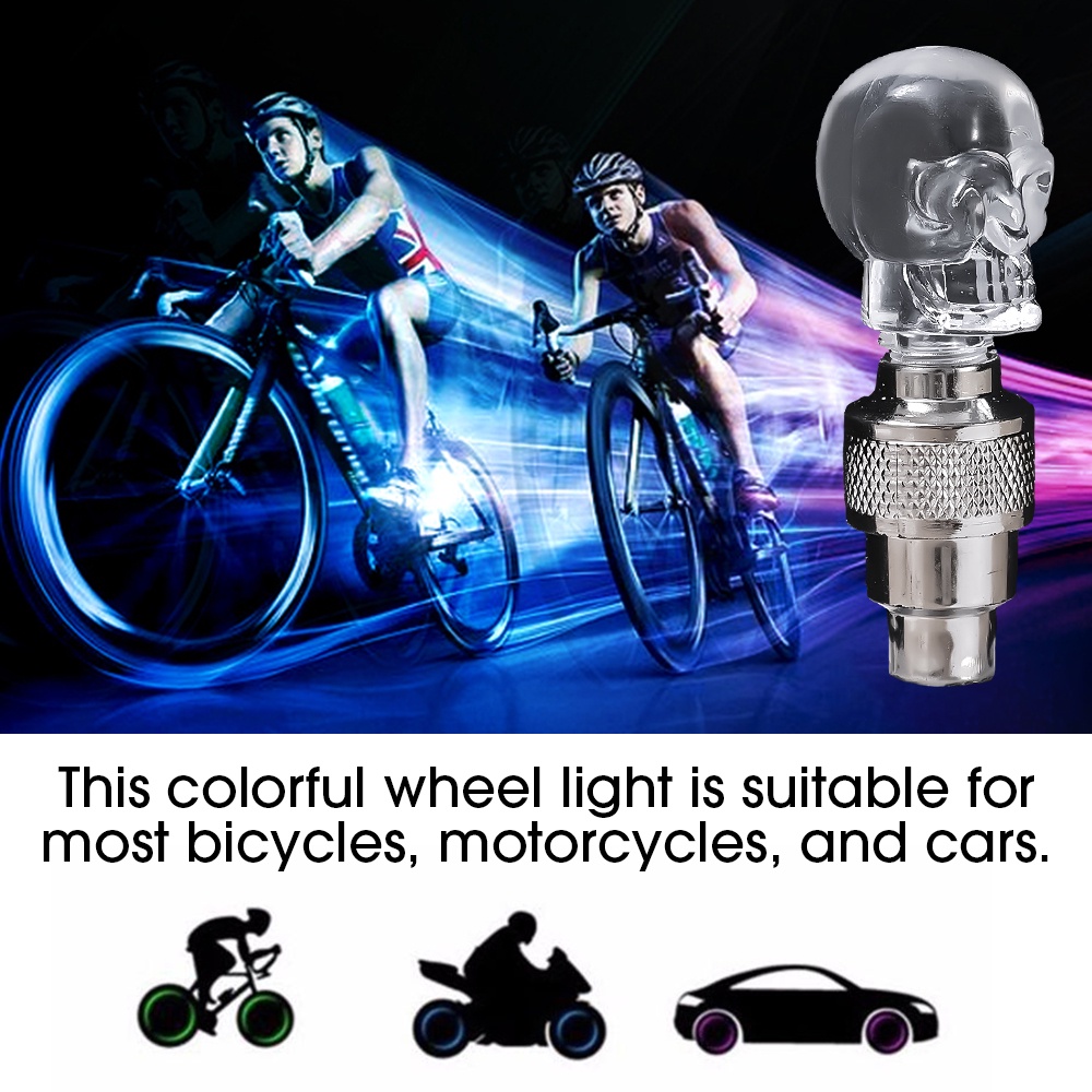 2pcs Colorful Skull Bicycle LED Valve Lampu Mobil Motor Sepeda Roda Ban Cahaya Tire Valve Tutup Debu Bersepeda Jari-Jari Peringatan Cahaya Auto Sepeda Aksesoris