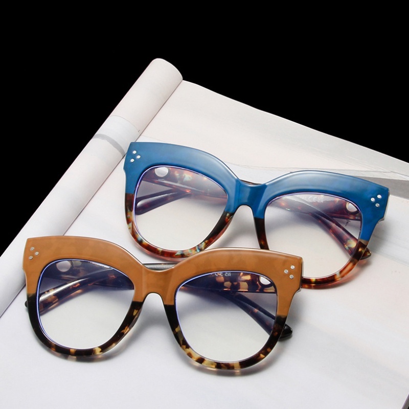 (YUZHU) Vintage Fashion Leopard Anti Cahaya Biru Kacamata Mode Barat Oversized Frame Dua Warna Eyeglasses