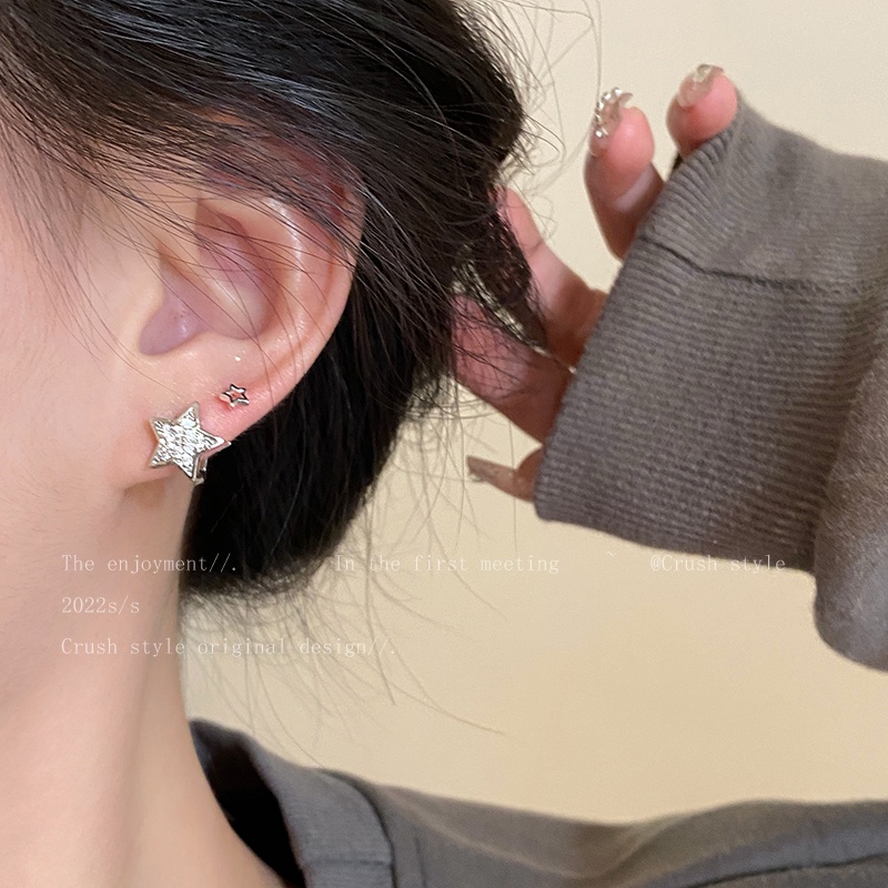 6pc/set Anting Perak Kristal Zirkon Bintang Berujung Lima Earrin Untuk Aksesoris Perhiasan Fashion Wanita