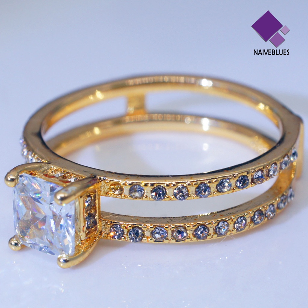 &lt; Naiveblues &gt; Wanita Cincin Lapisan Ganda Persegi Berlian Imitasi Perhiasan Fashion Penampilan Jari Cincin Pernikahan