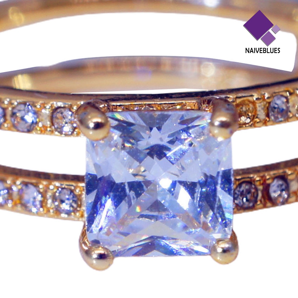 &lt; Naiveblues &gt; Wanita Cincin Lapisan Ganda Persegi Berlian Imitasi Perhiasan Fashion Penampilan Jari Cincin Pernikahan