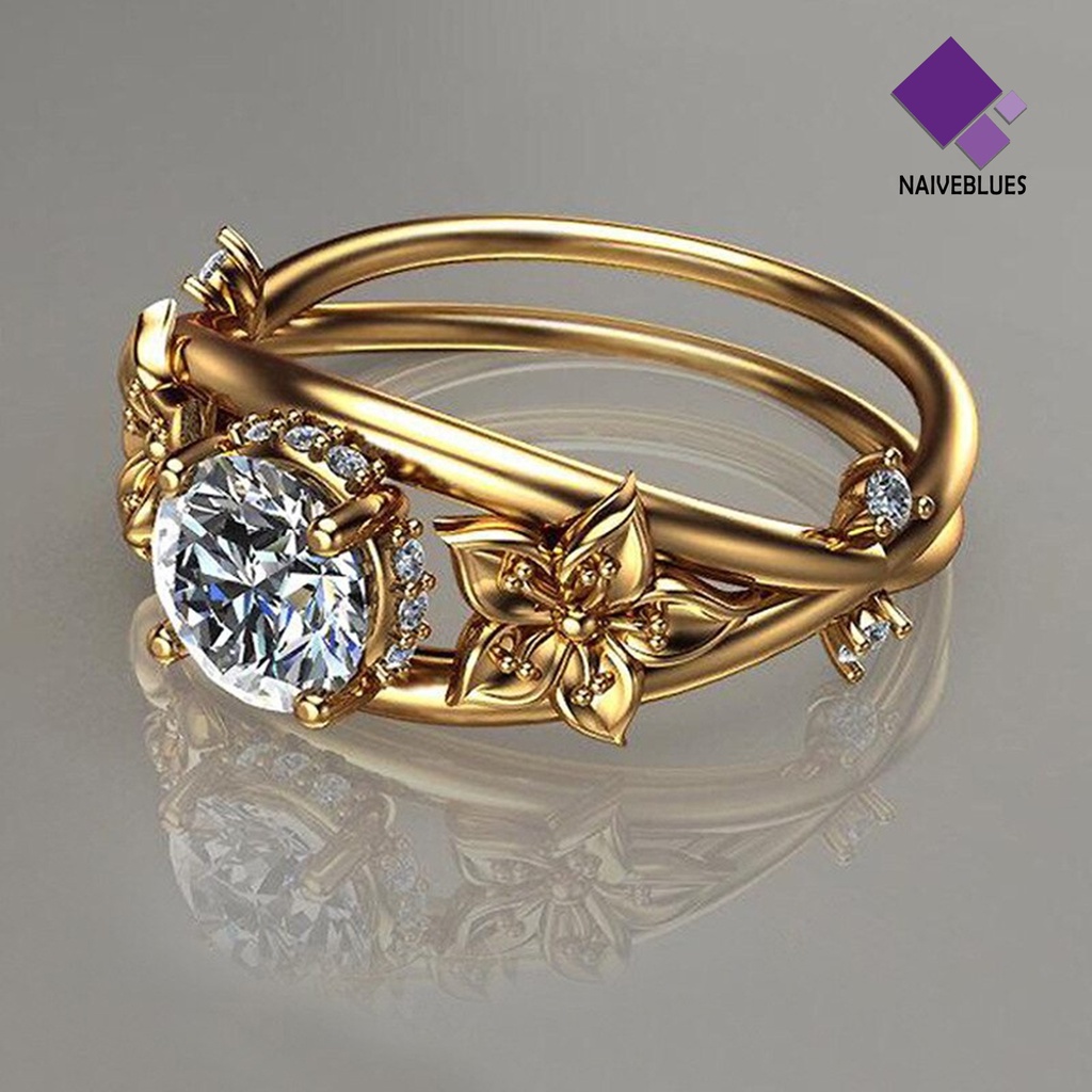 &lt; Naiveblues &gt; Cincin Wanita Bunga Perhiasan Lapisan Ganda Berkilau Fashion Penampilan Cincin Untuk