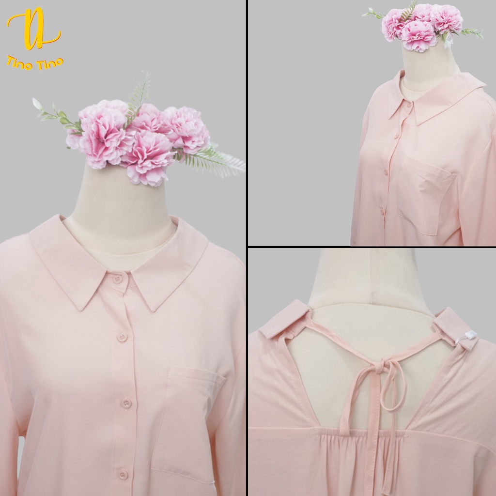 CJWT-0102 TINO TINO BAJU ATASAN WANITA/KEMEJA WANITA LENGAN 3/4 OVERSIZE KOREAN STYLE SINGLE POCKET