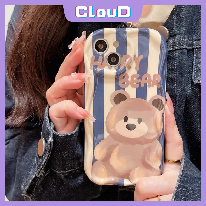 IPHONE Kartun Lucu Beruang Stripe Case Kompatibel Untuk Iphone11 7Plus XR 11 14 13 12 Pro Max X 6s 7 8 6 Plus XS Max SE 2020 3D Wavy Curved Edge Tpu Lembut Shockproof Airbag Glossy Cover