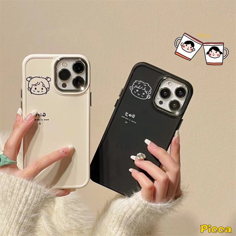 IPHONE Casing Frame Lensa Logam Plating Mewah Kompatibel Untuk Iphone7 8plus11 13 14 12 Pro MAX X XR XS MAX 7plus 8plus Kartun Pasangan Lucu Cowok Cewek Lembut Penutup Belakang