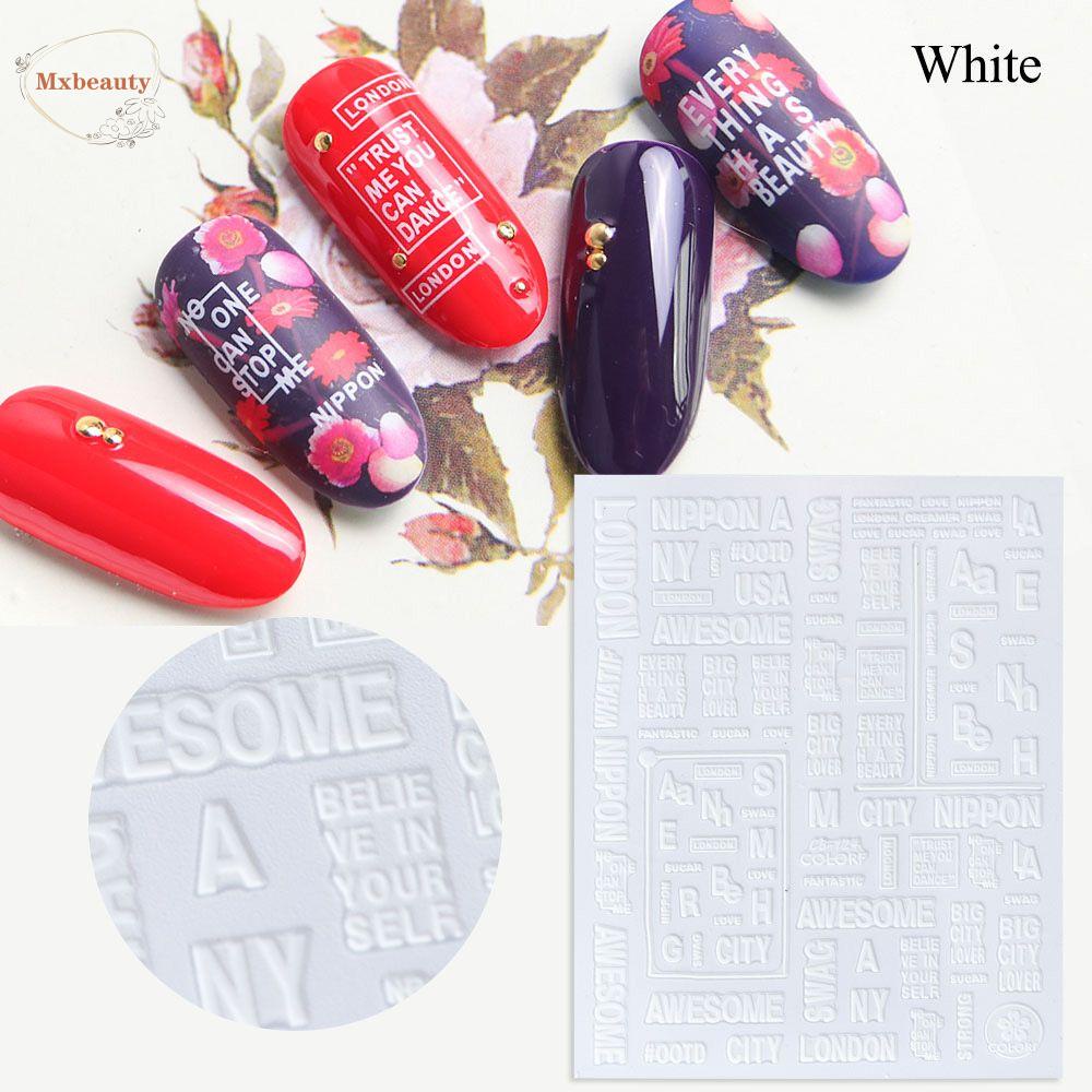 Mxbeauty Nail Art Decals Bronzing Dekorasi Nail Art Hologram Huruf Timbul Tulisan Nail Tips Hitam Putih Silver Geometris Glitter Stiker