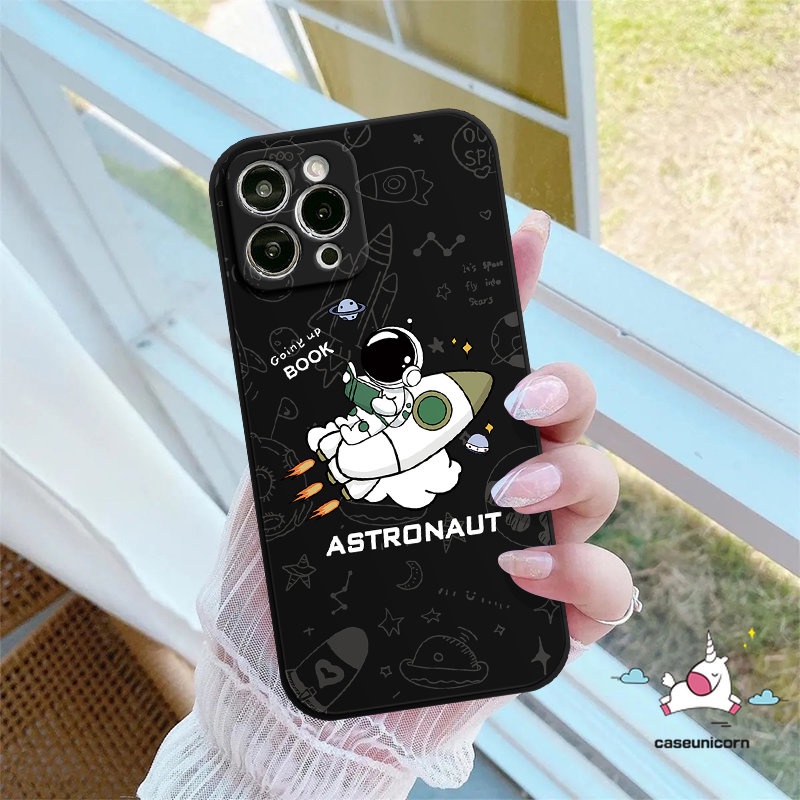 Fashion Pasangan Indah Tepi Lurus Case Kompatibel Untuk iPhone 7Plus 11 13 12 14 Pro Max XR 6 7 8 6S Plus X XS Max SE 2020 Kartun NASA Ruang Lucu Astronot Tpu Soft Cover