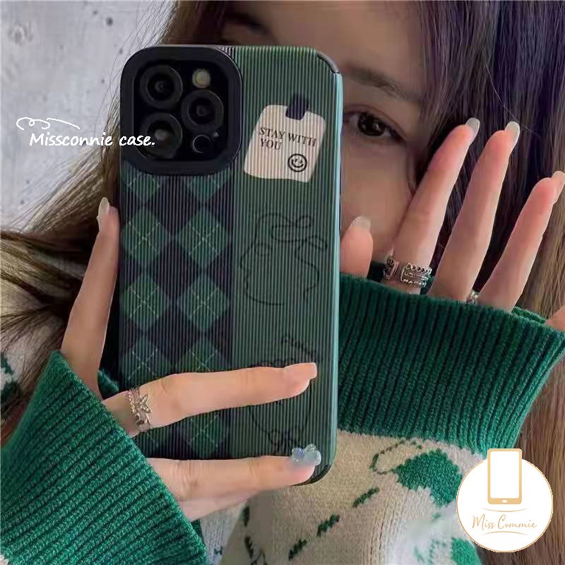 IPHONE Retro Kotak-Kotak Bunga Cinta Hati Case Kompatibel Untuk Iphone11 12 14 13 Pro MAX X 7Plus XR XS Max7 8 Plus Silikon Tekstur Kulit Mewah Berlian Senyum Lembut Shockproof Cover