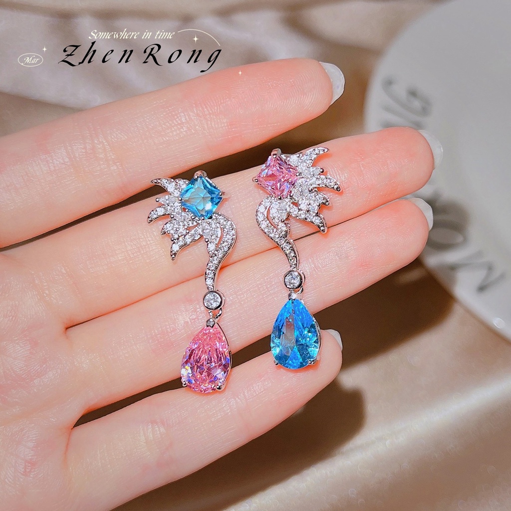 Goldkingdom Aksesoris Perhiasan Fashion Ready Stock Mewah Dan Terang Berbentuk Jatuh Berlian Aquamarine Panjang Sterling Silver Earrings