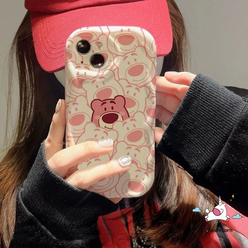 Cute Strawberry Bear 3D Wavy Curved Edge Case Untuk Redmi 9C 9T 10C 10 9A 9 10A 9C NFC A1 A2 Note10 11 10s 11s 10Pro 10 Pro Max Plus POCO M3 Cute Kartun Beruang Garis Lembut Tpu Cover