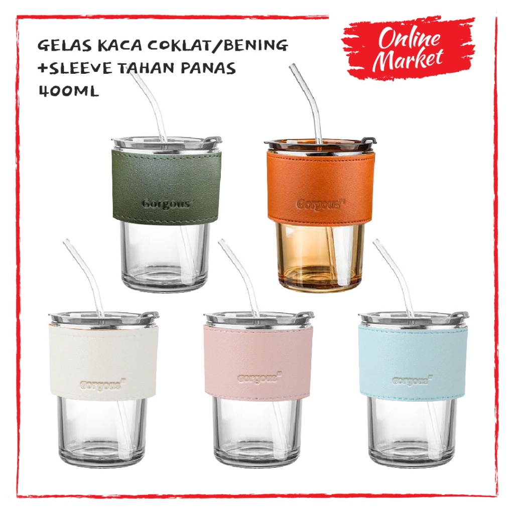 Gelas Kaca Coklat/Bening dengan Sleeve Tahan Panas 400ml - Tumbler dengan Sedotan - Tumbler Estetik