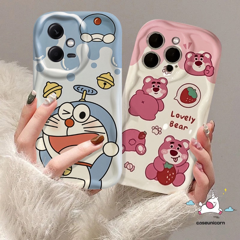 Casing Manyo Kartun Untuk Realme C53 5 5i 7i 6i 5s C55 C12 C21Y C25 C35 C20A C25Y C31 C11 C17 C20 C25s C15 C30 C21 C33 C3 Cute Doraemon Strawberry Bear 3D Wavy Curved Edge Soft Cover