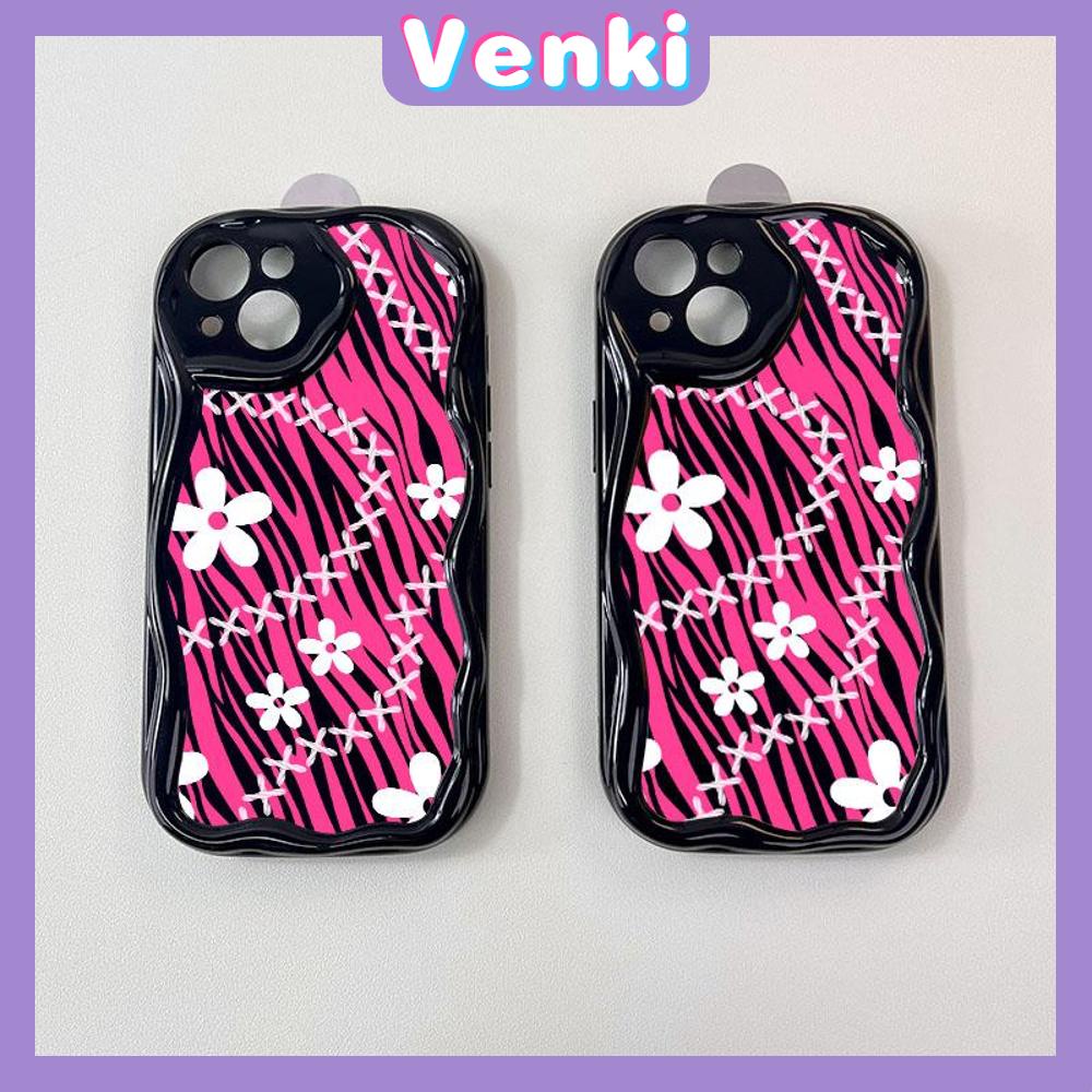 VENKI - For iPhone 11Phone Case Curved Edge Wave Case Glossy Black TPU Airbag Shockproof Camera Case White Floral Compatible with iPhone 14 13 Pro max 12 Pro Max xr xs max 7 8Plus