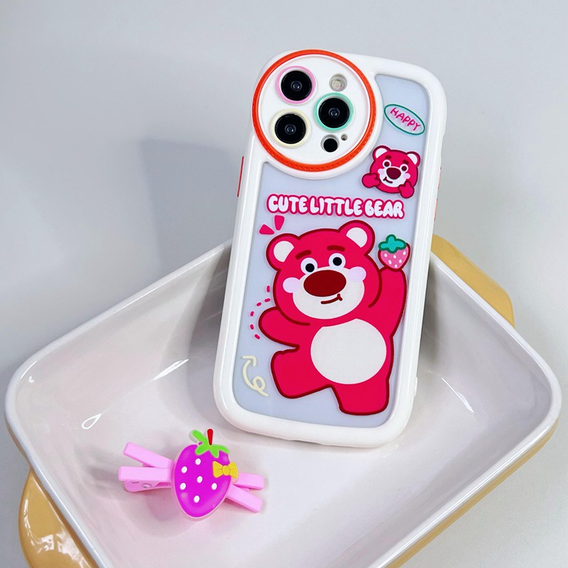 Circular Camera Protect Cream Soft Case IPhone 11 13 12 14 PRO Max Phone Case for Women Girl Cute Lotso Winnie the Bear Strawberry Bear